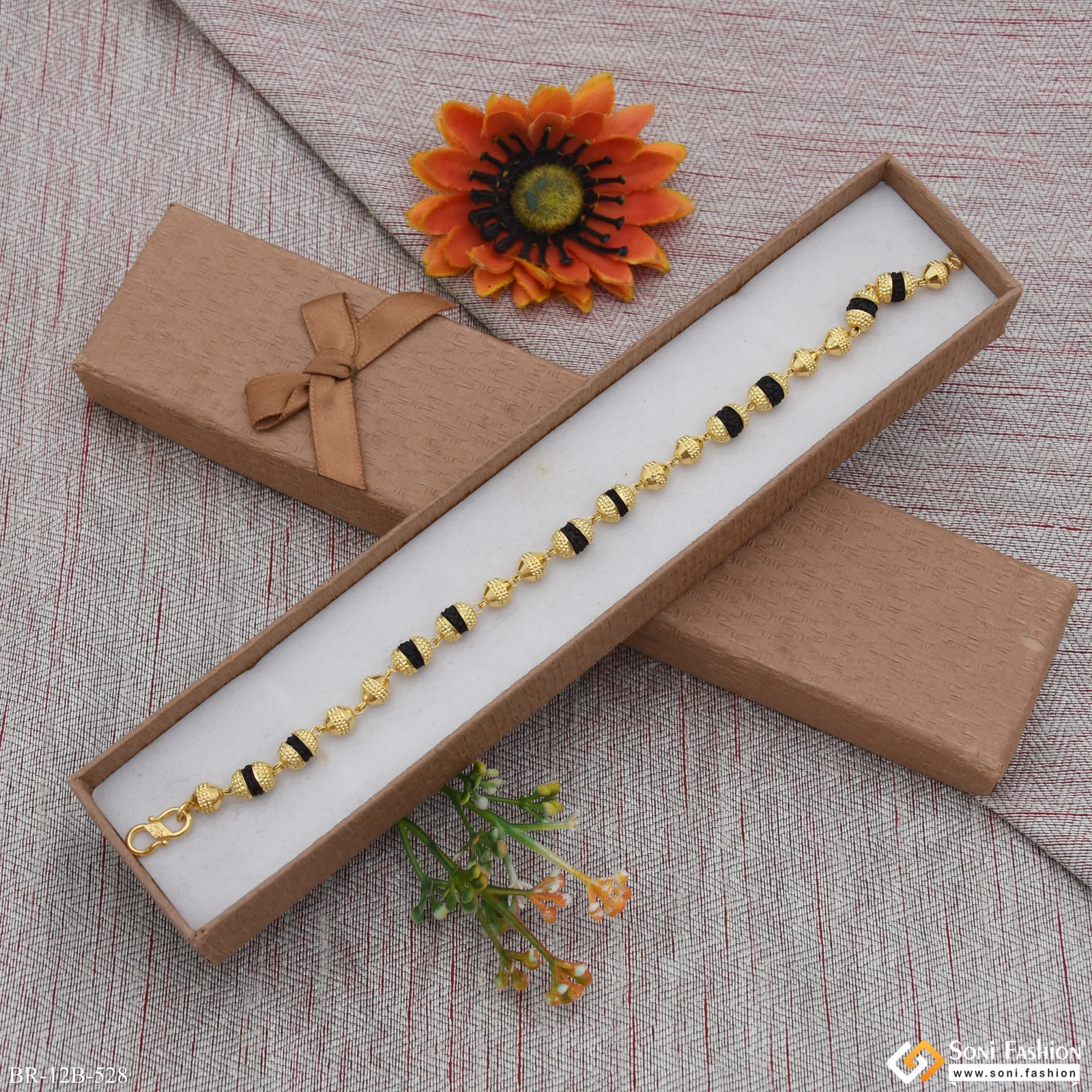 1 Gram - 2in1 Golden Ball with Bead Rudraksha Gold Plated Bracelet - Style B528 - Image 3