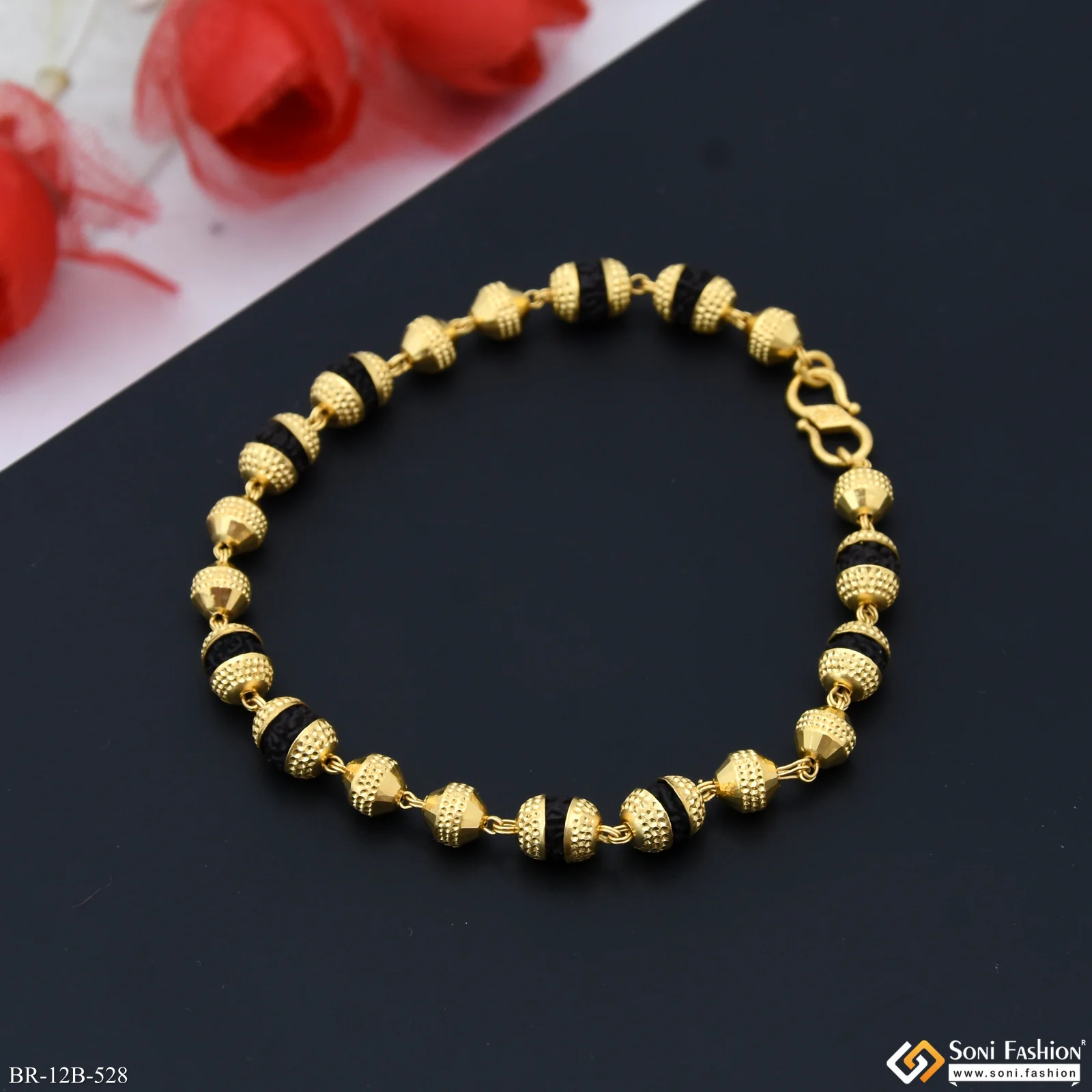 1 Gram - 2in1 Golden Ball with Bead Rudraksha Gold Plated Bracelet - Style B528 - Image 4