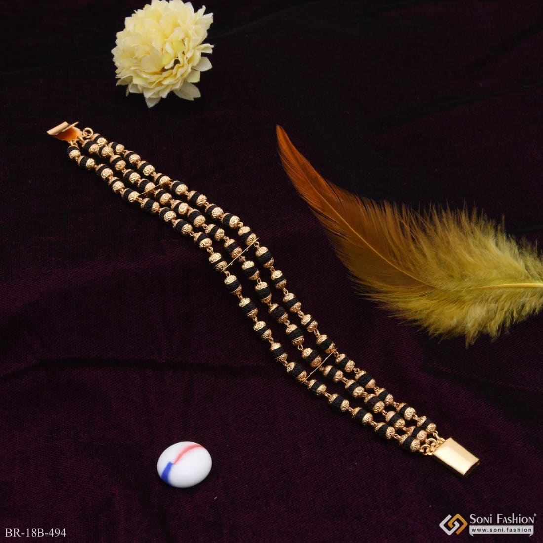1 Gram - 3 Line Rudraksh Gorgeous Design Gold Plated Bracelet for Men - Style B494 - Image 2