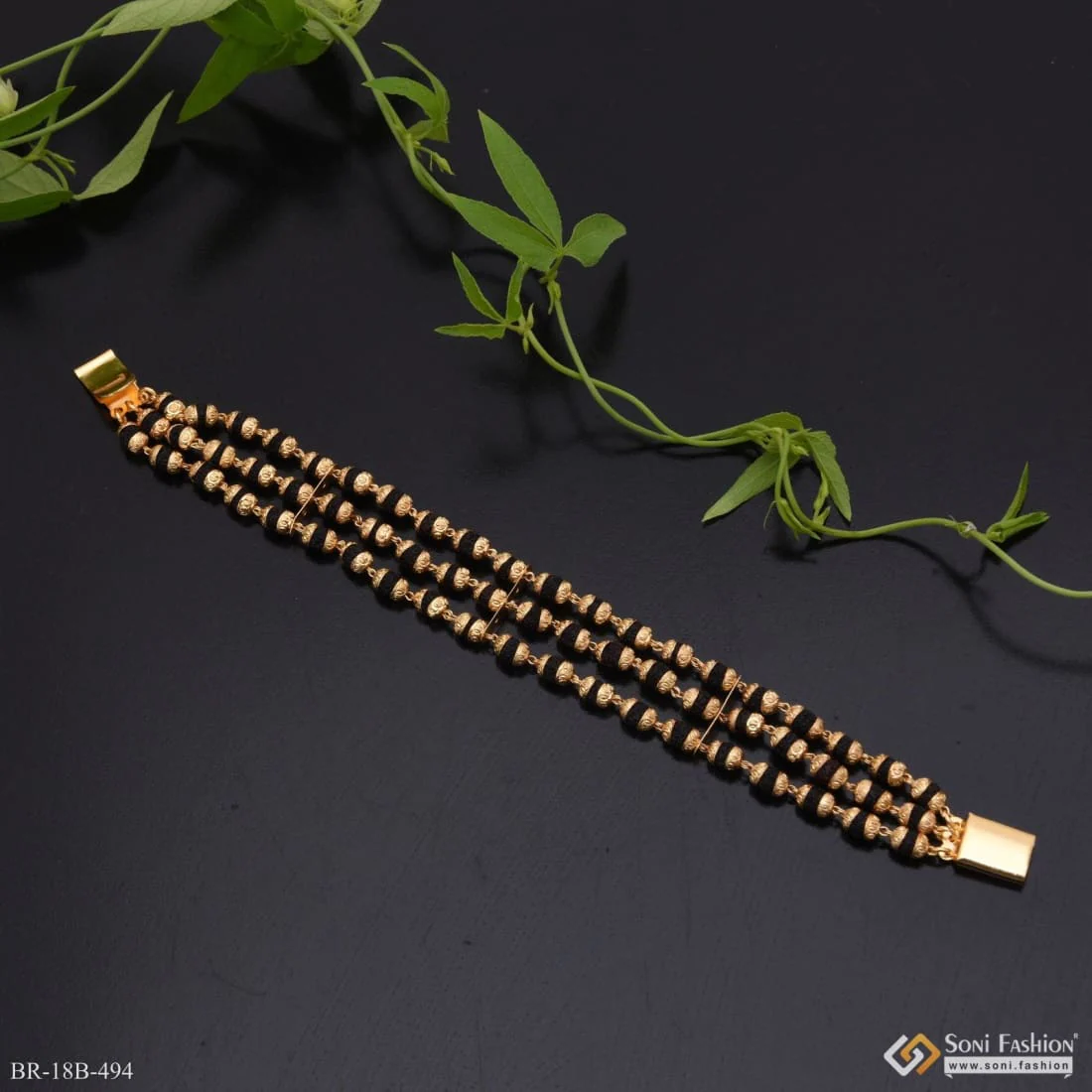 1 Gram - 3 Line Rudraksh Gorgeous Design Gold Plated Bracelet for Men - Style B494 - Image 3