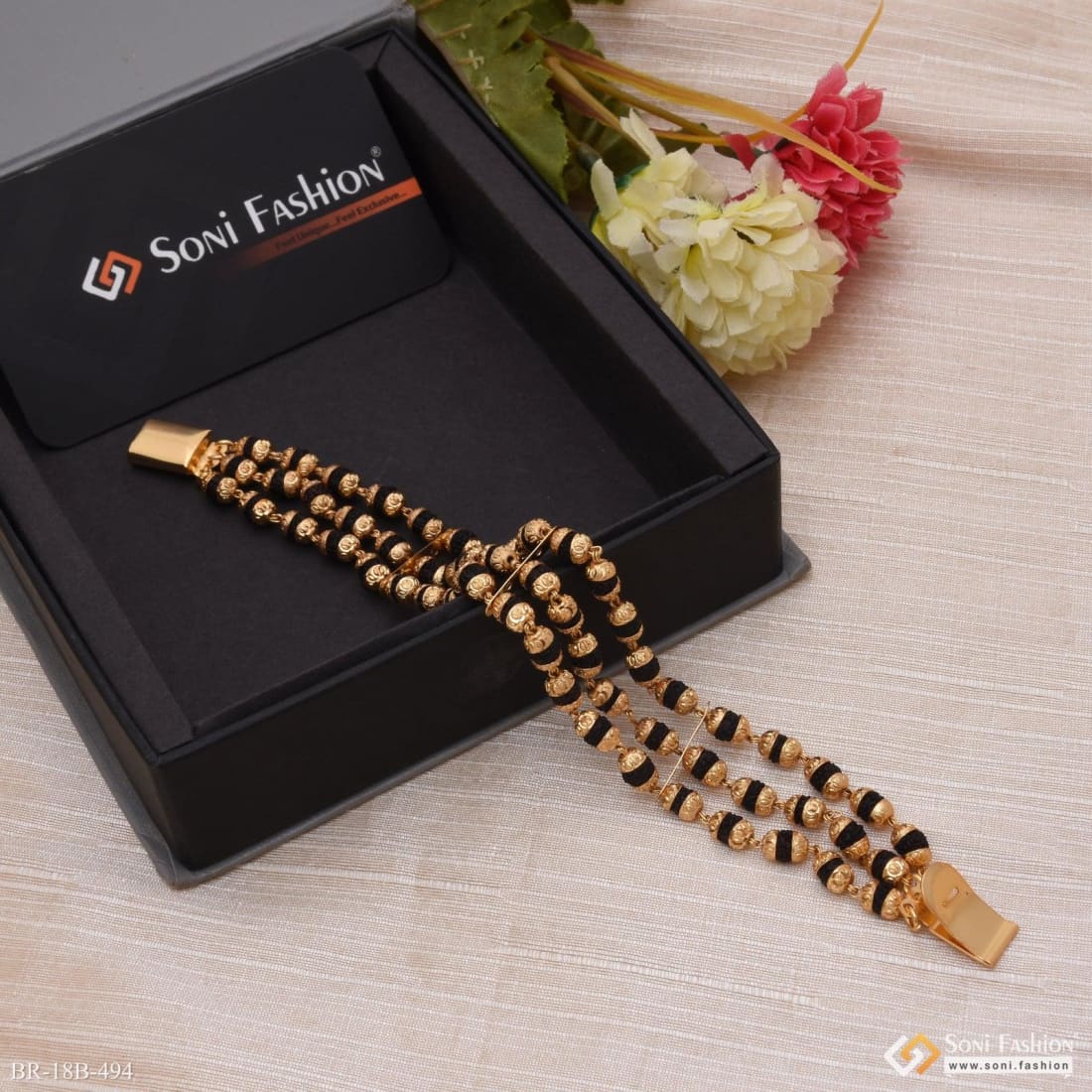 1 Gram - 3 Line Rudraksh Gorgeous Design Gold Plated Bracelet for Men - Style B494 - Image 5