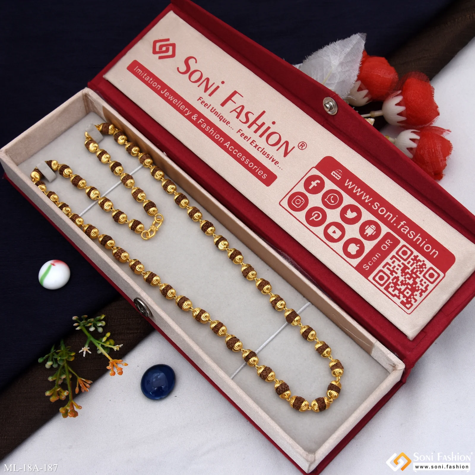 1 Gram Gold - Brown Delicate Design Gold Plated Rudraksha Mala for Men - Style A187 - Image 4
