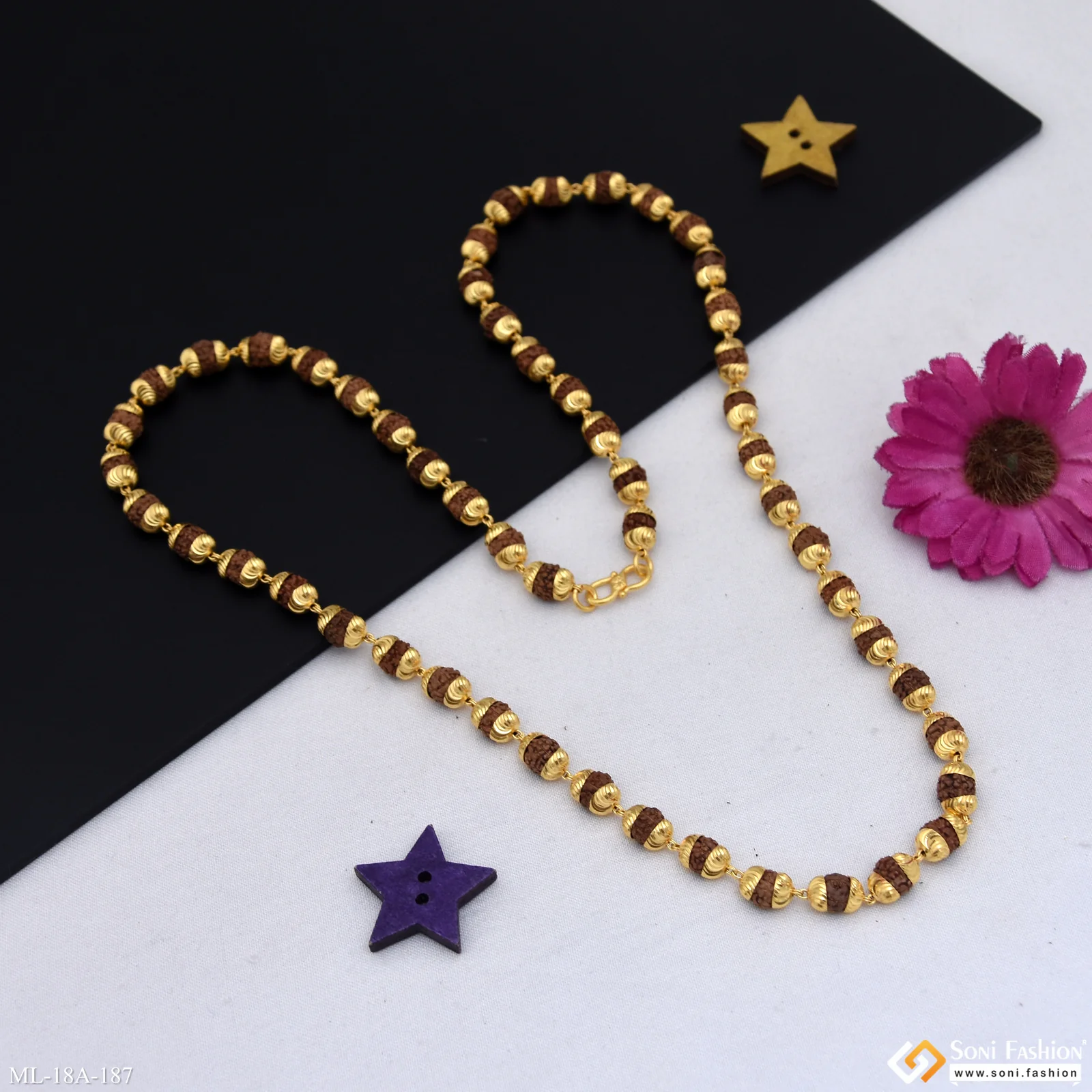 1 Gram Gold - Brown Delicate Design Gold Plated Rudraksha Mala for Men - Style A187 - Image 6