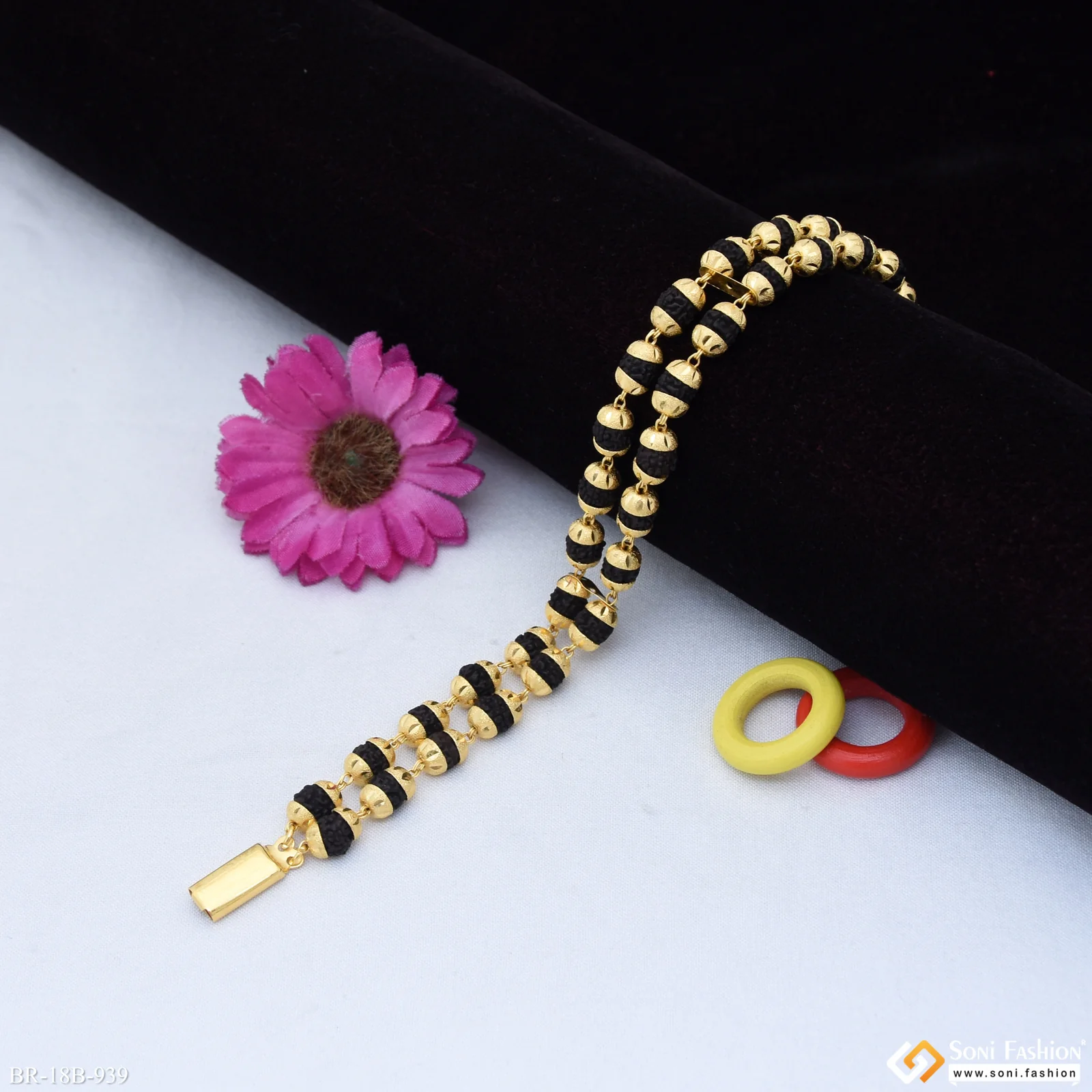 1 Gram Gold Forming 2 Line Rudraksha Bracelet for Men - Style B939 - Image 4
