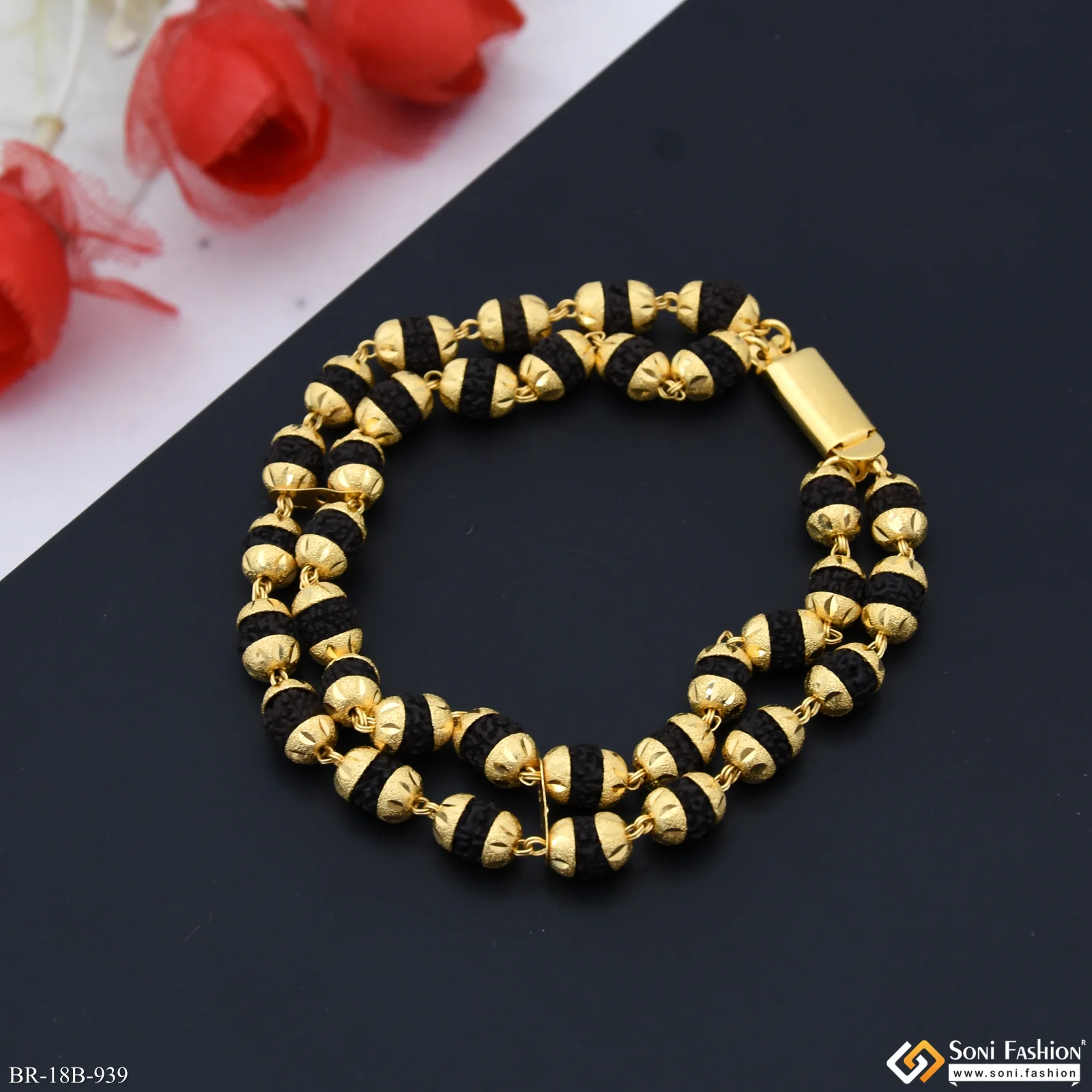 1 Gram Gold Forming 2 Line Rudraksha Bracelet for Men - Style B939 - Image 6