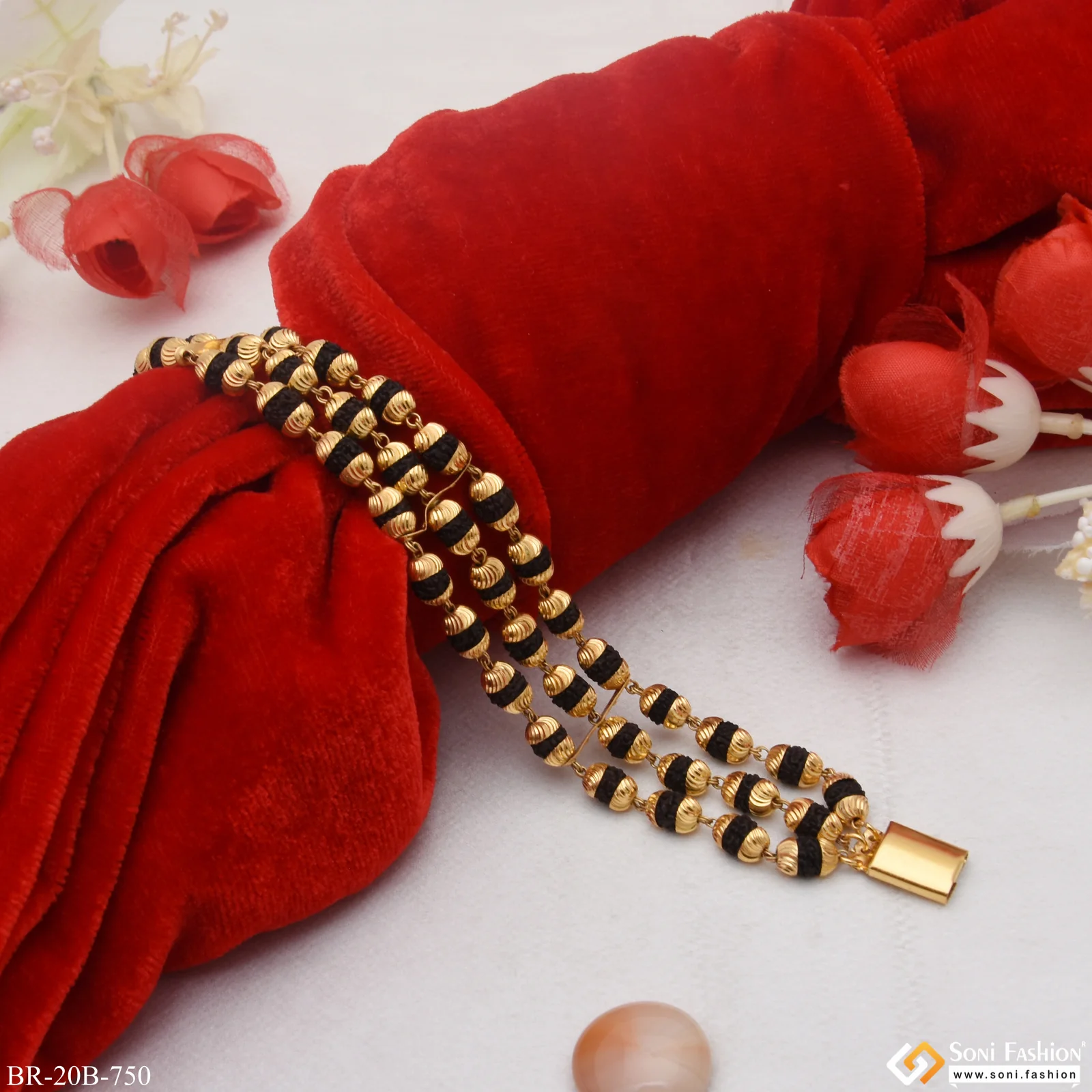 1 Gram Gold Forming - 3 Line Gold Plated Rudraksha Bracelet for Men - Style B750 - Image 3