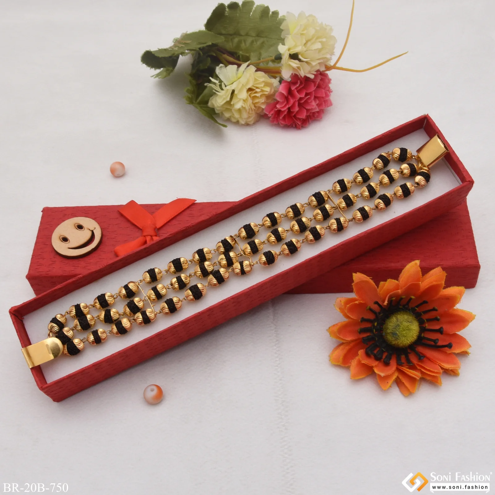 1 Gram Gold Forming - 3 Line Gold Plated Rudraksha Bracelet for Men - Style B750 - Image 5