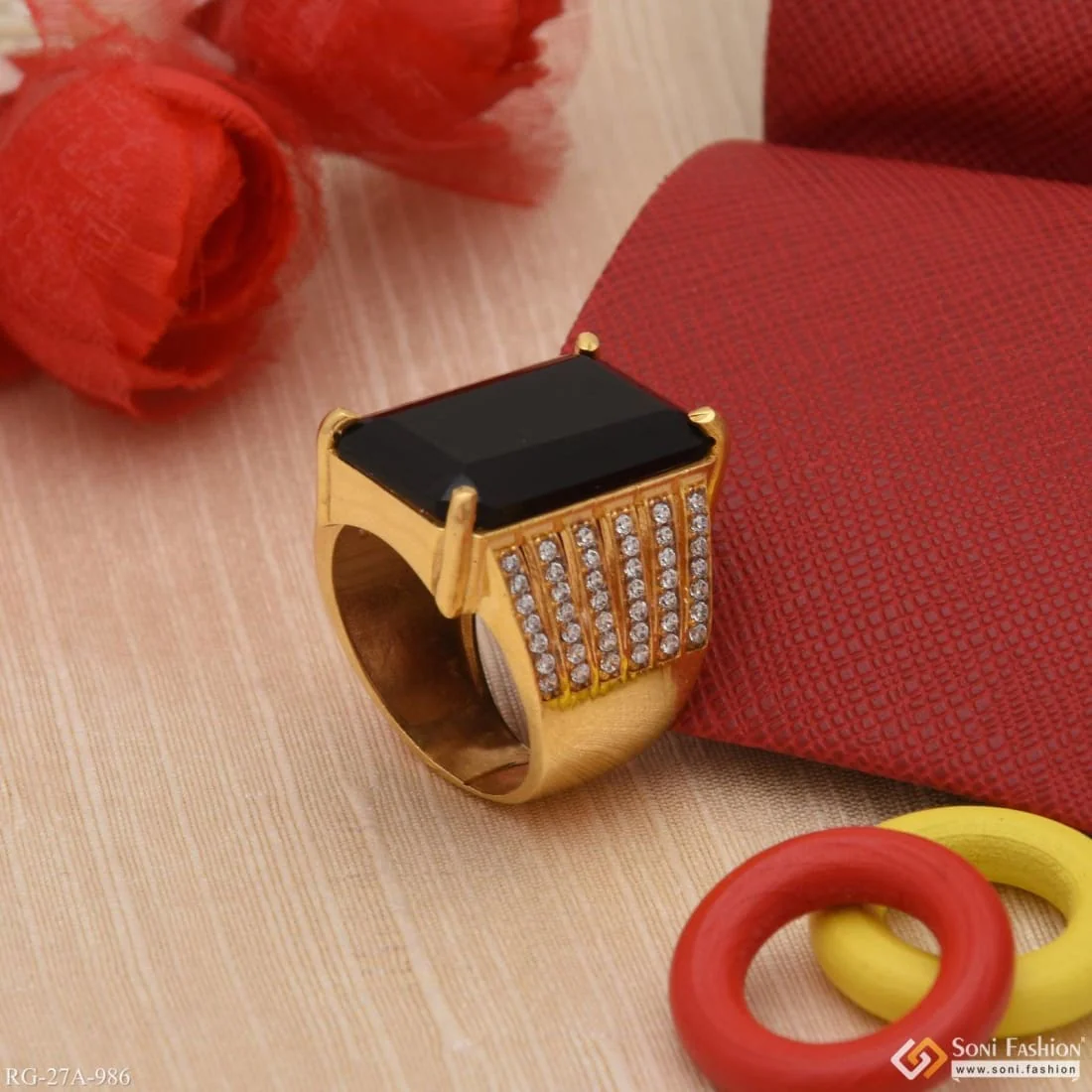 1 Gram Gold Plated Black Ring with Diamond Best Quality Ring for Men - Style A986 - Image 4