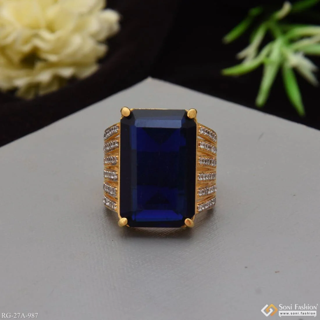 1 Gram Gold Forming Blue Ring with Diamond Gorgeous Design Ring for Men - Style A987 - Image 3