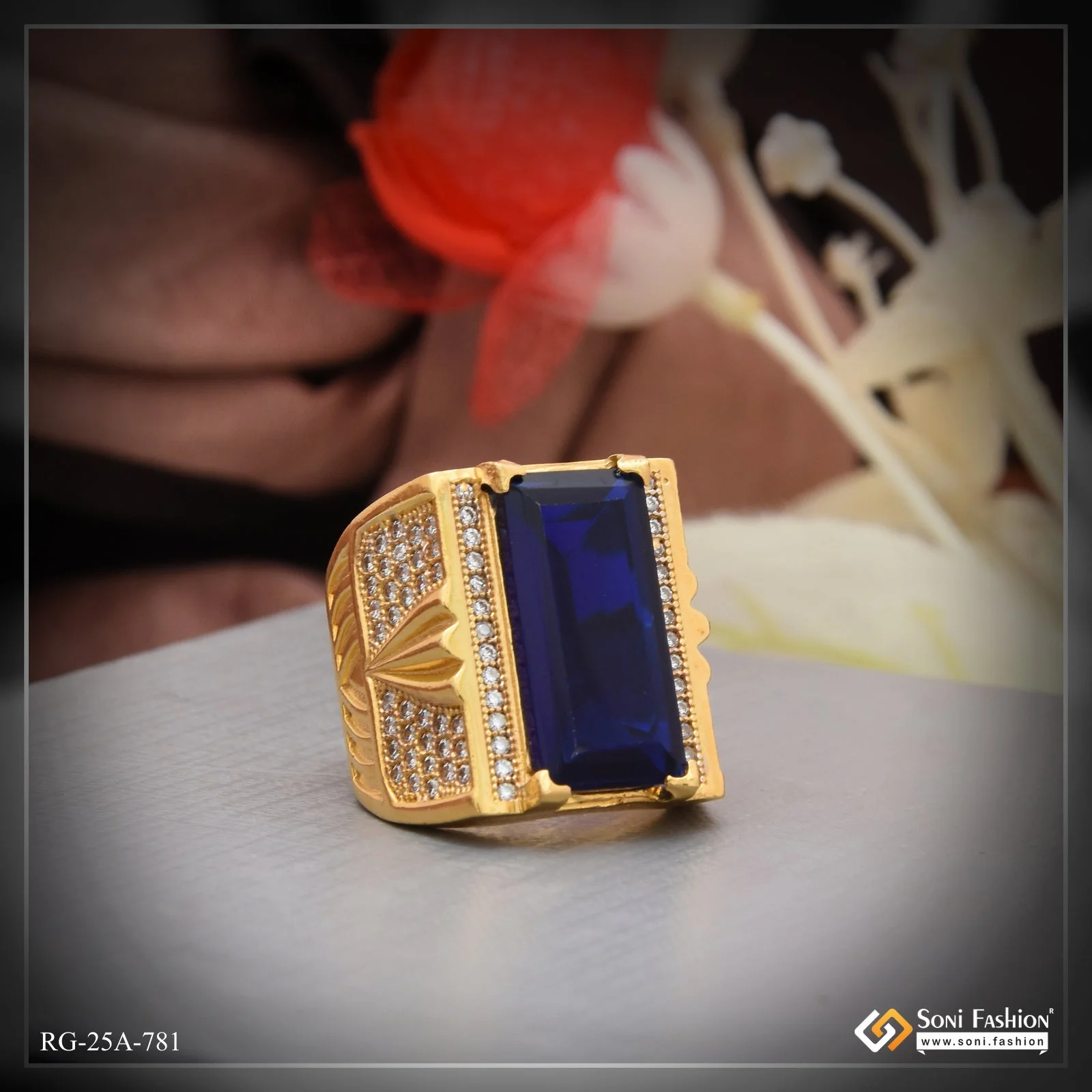 1 Gram Gold Plated Blue Stone With Diamond Funky Design Ring For Men - Style A781 - Image 3