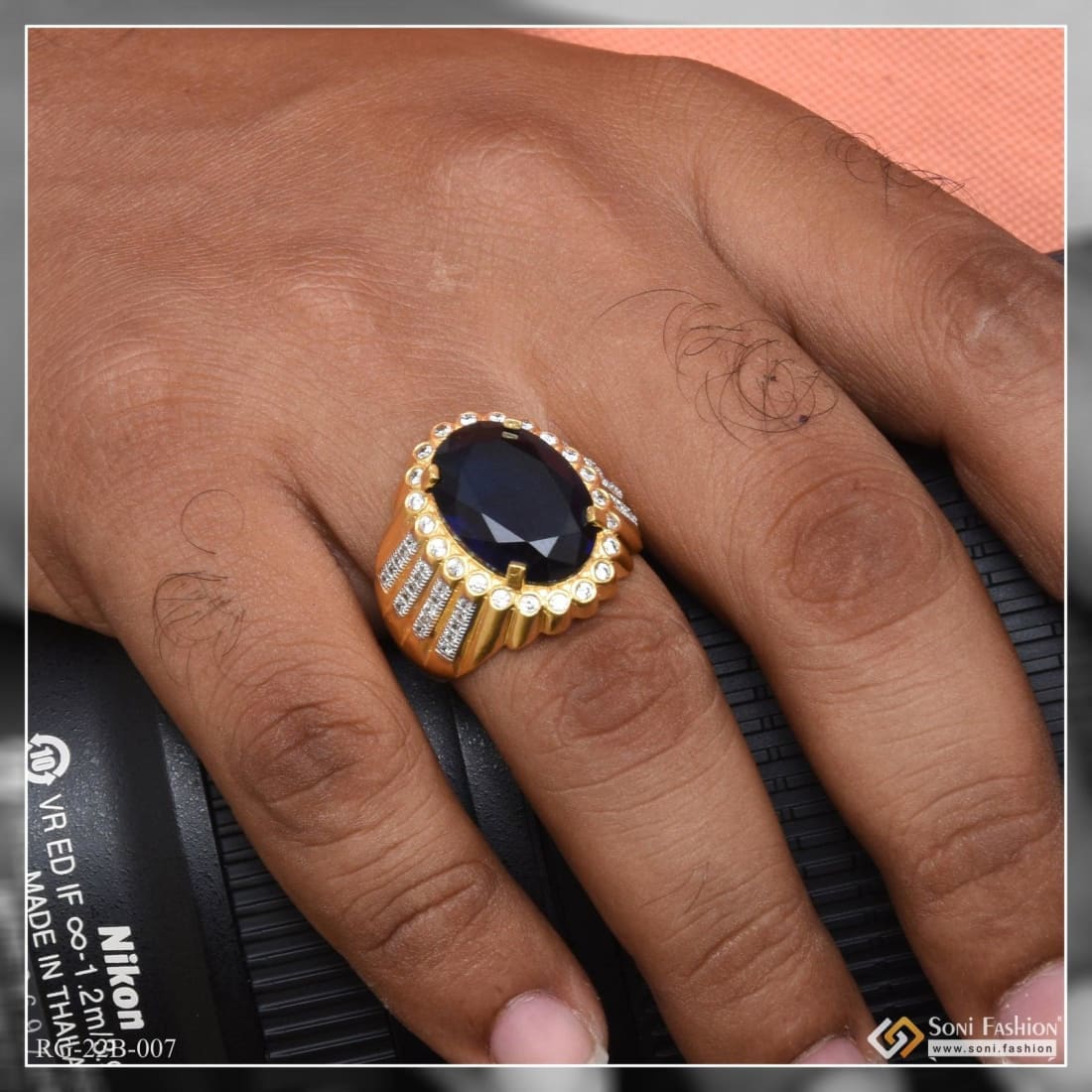 1 Gram Gold Plated Blue Stone with Diamond Glamorous Design Ring - Style B007