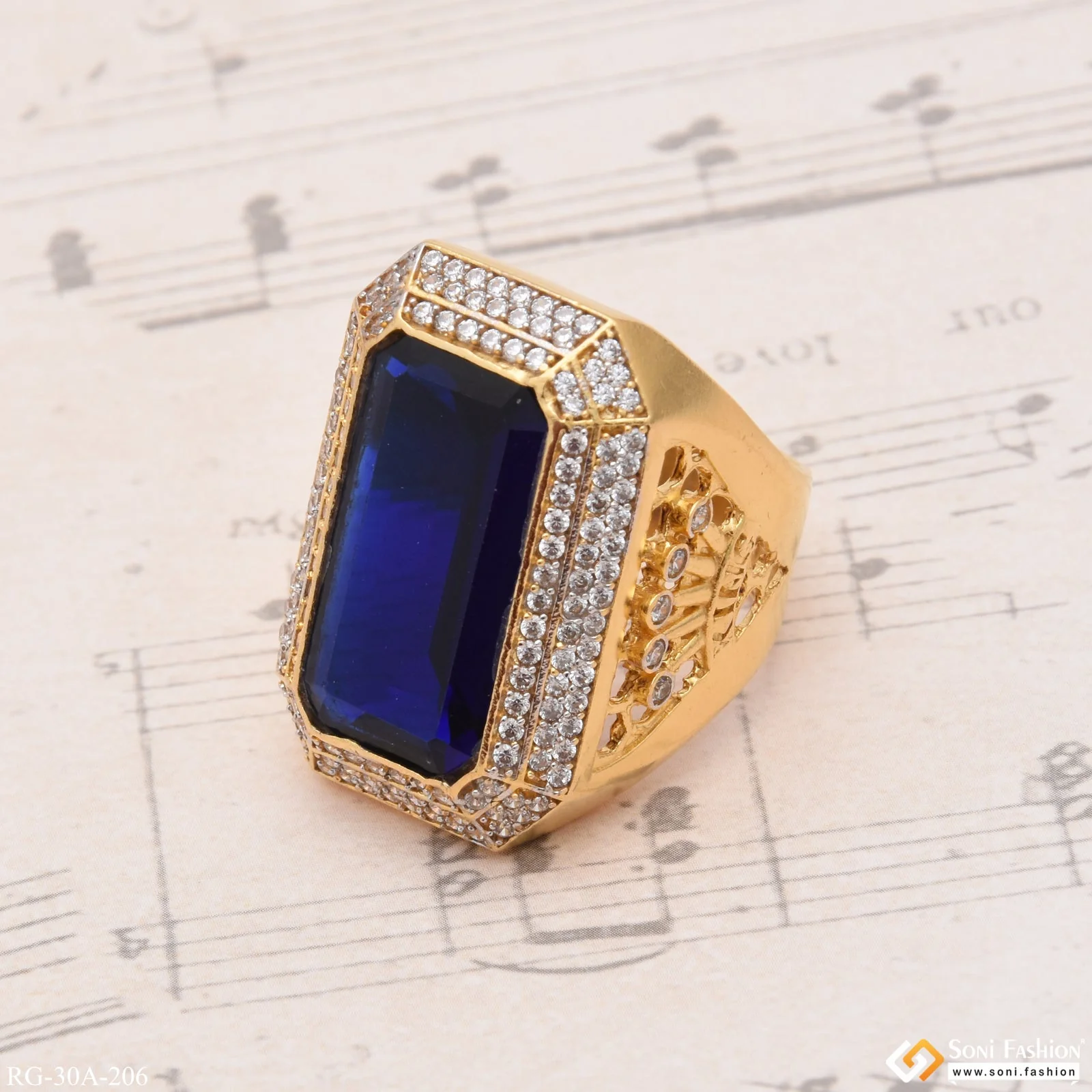 1 Gram Gold Plated Blue Stone With Diamond Gold Plated Ring For Men - Style A206 - Image 3
