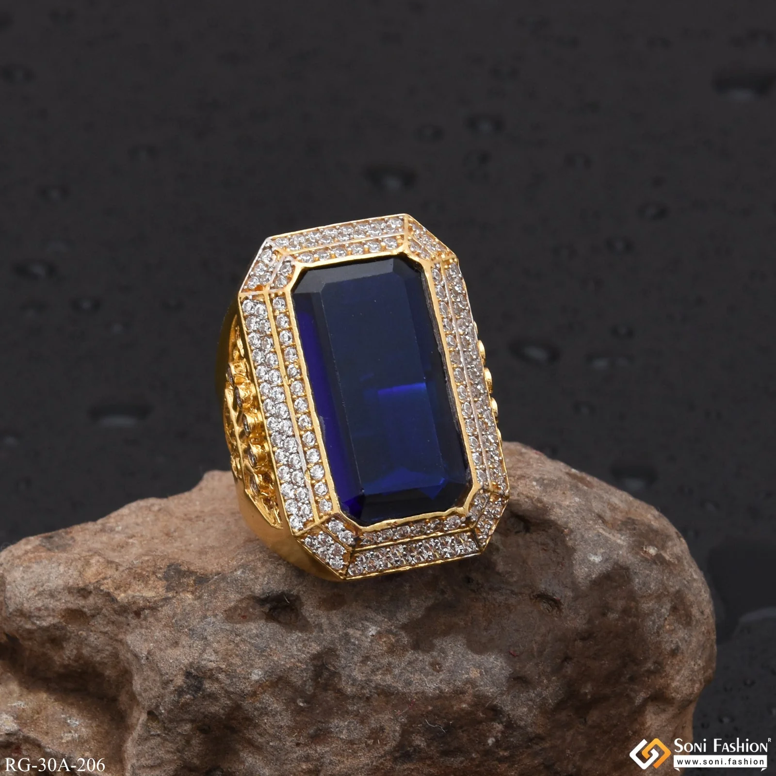 1 Gram Gold Plated Blue Stone With Diamond Gold Plated Ring For Men - Style A206 - Image 4