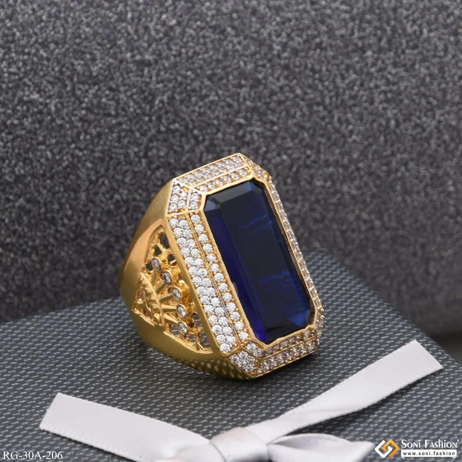 1 Gram Gold Plated Blue Stone With Diamond Gold Plated Ring For Men - Style A206 - Image 5