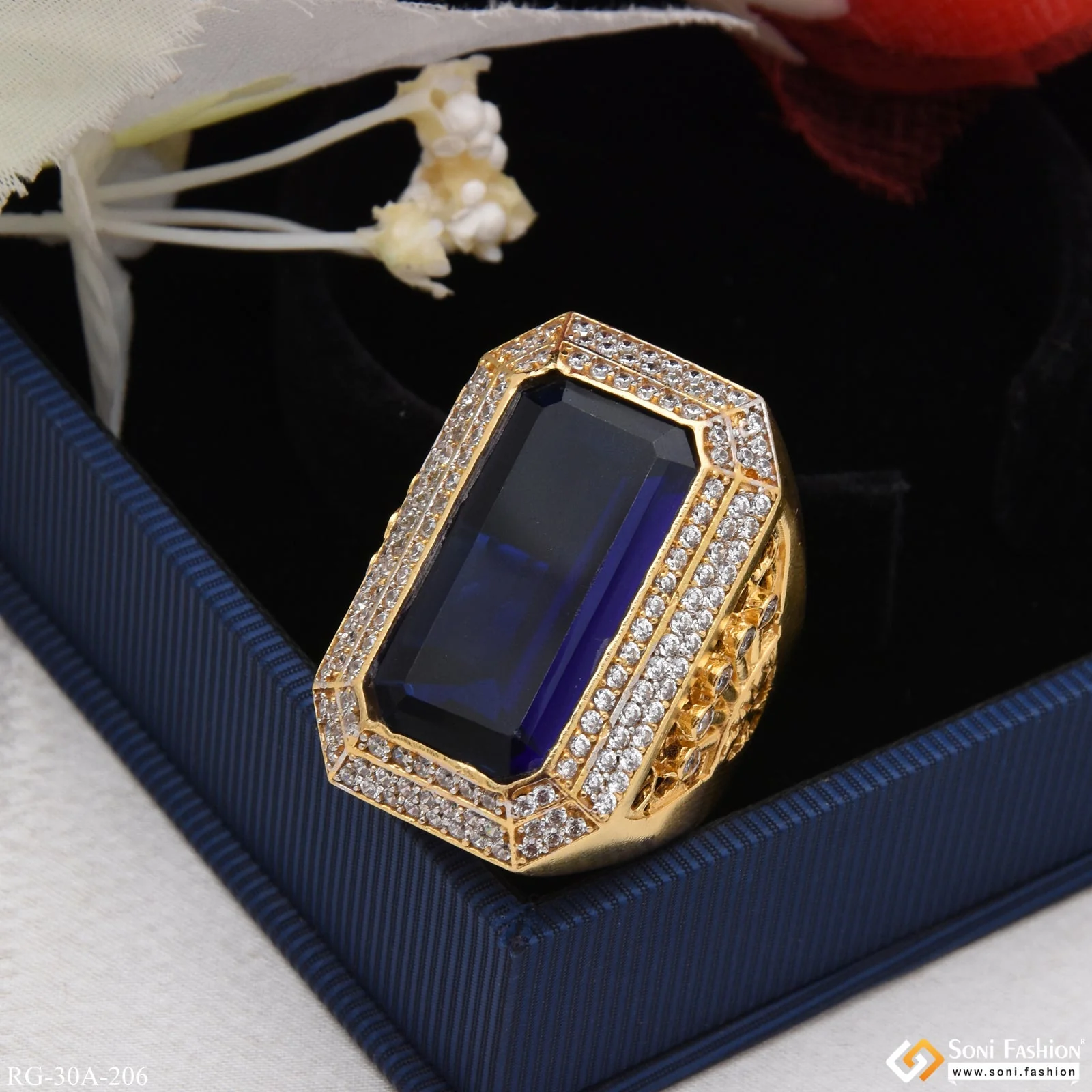 1 Gram Gold Plated Blue Stone With Diamond Gold Plated Ring For Men - Style A206 - Image 6