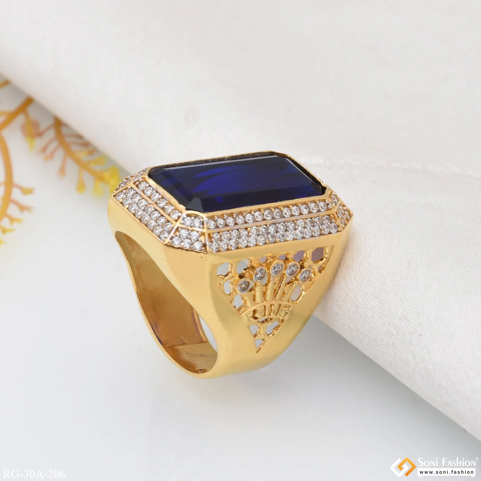 1 Gram Gold Plated Blue Stone With Diamond Gold Plated Ring For Men - Style A206 - Image 7