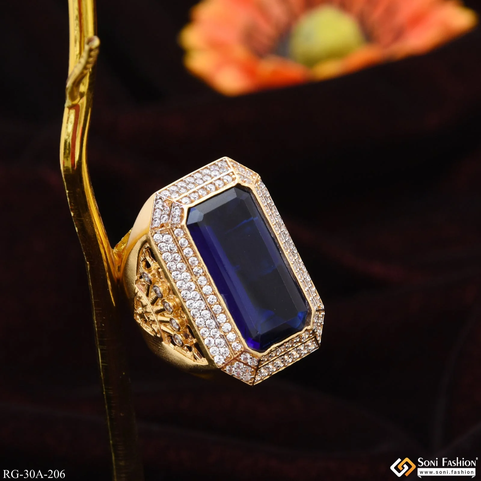 1 Gram Gold Plated Blue Stone With Diamond Gold Plated Ring For Men - Style A206 - Image 8
