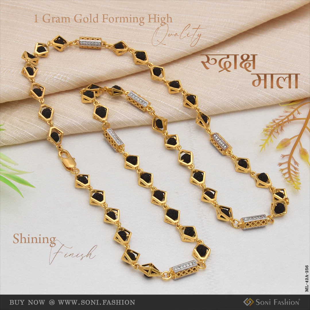 1 Gram Gold Forming Etched Design High-Quality Rudraksha Mala for Men - Style A256
