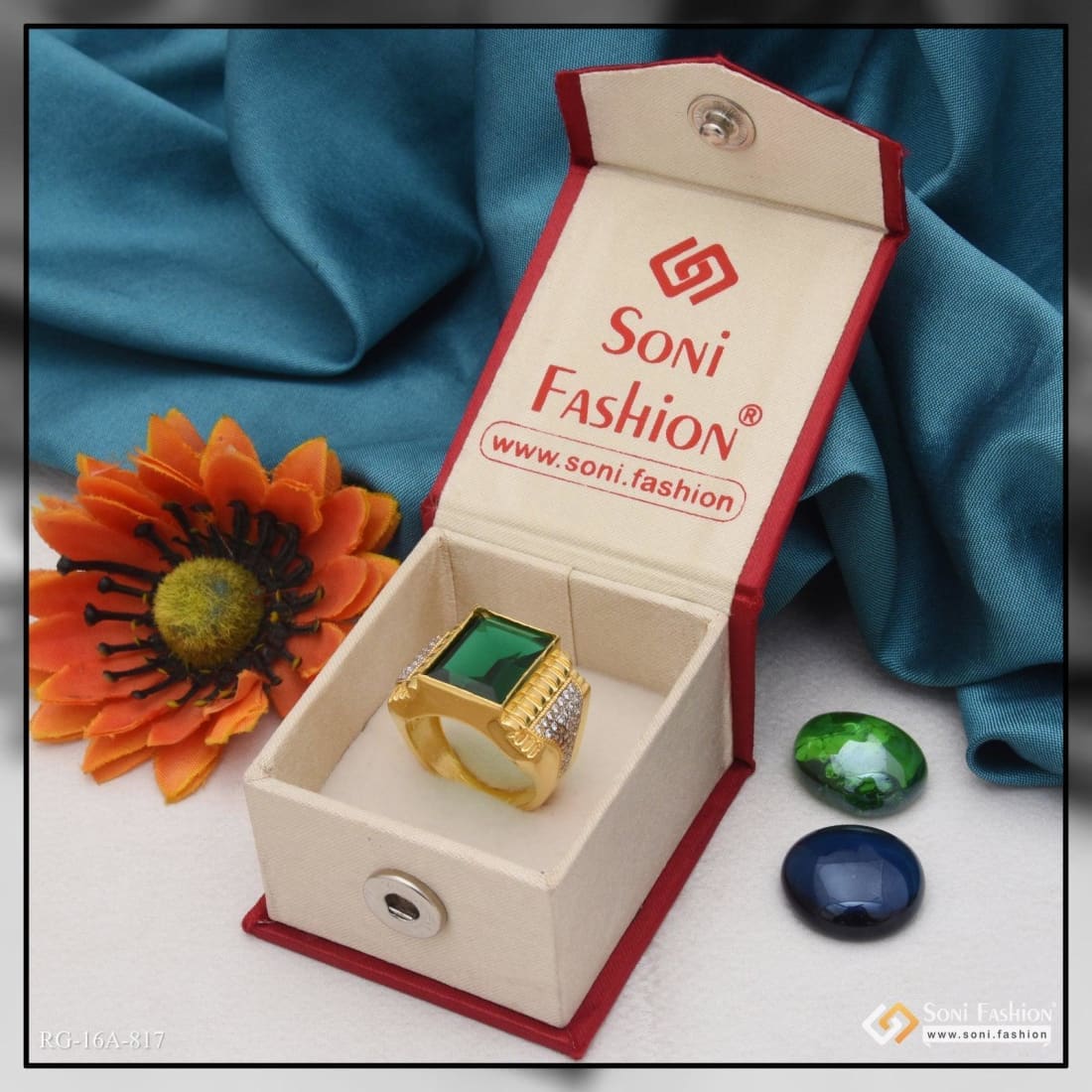 1 Gram Gold Plated Green Stone with Diamond Antique Design Ring for Men - Style A817 - Image 2