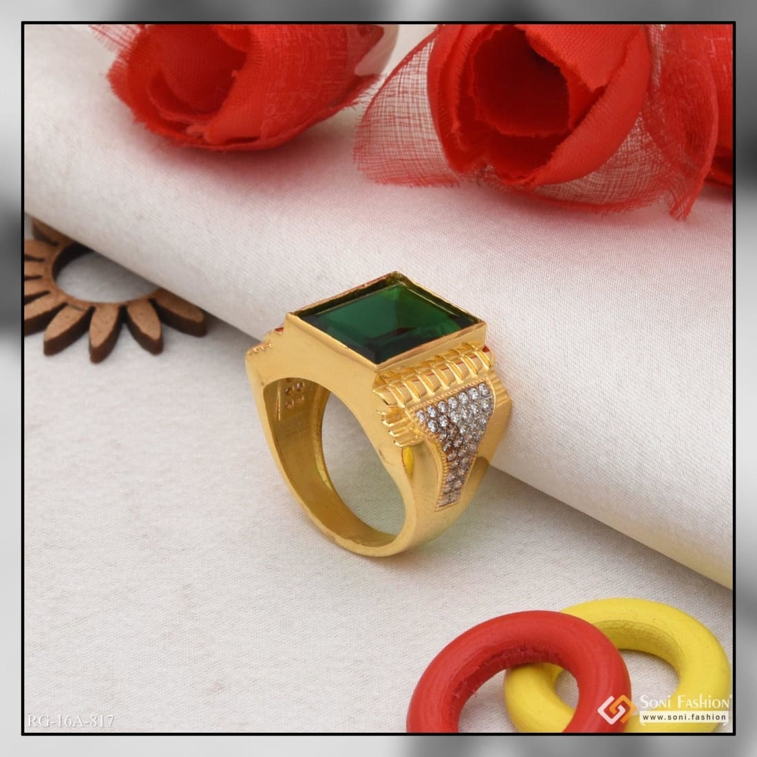 1 Gram Gold Plated Green Stone with Diamond Antique Design Ring for Men - Style A817 - Image 3