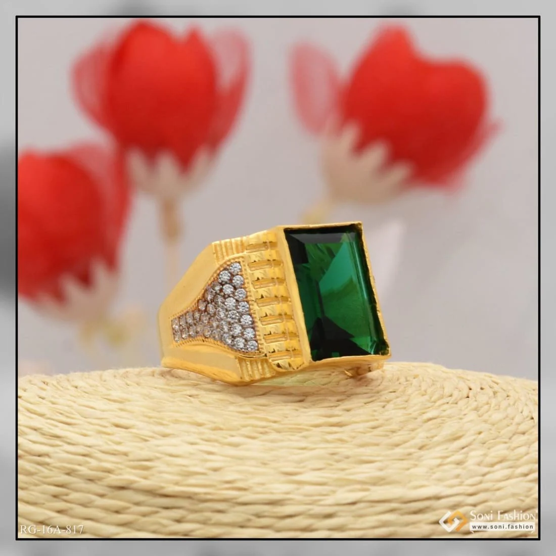 1 Gram Gold Plated Green Stone with Diamond Antique Design Ring for Men - Style A817 - Image 4