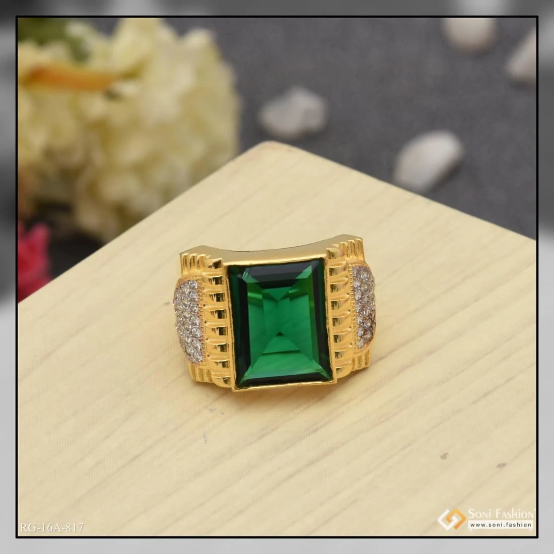 1 Gram Gold Plated Green Stone with Diamond Antique Design Ring for Men - Style A817 - Image 5