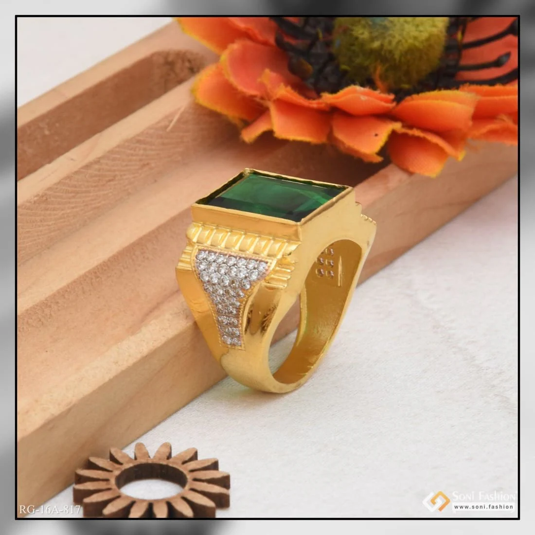 1 Gram Gold Plated Green Stone with Diamond Antique Design Ring for Men - Style A817 - Image 6