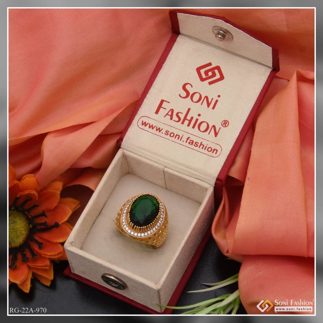 1 Gram Gold Forming Green Stone with Diamond Glamorous Design Ring - Style A970 - Image 2