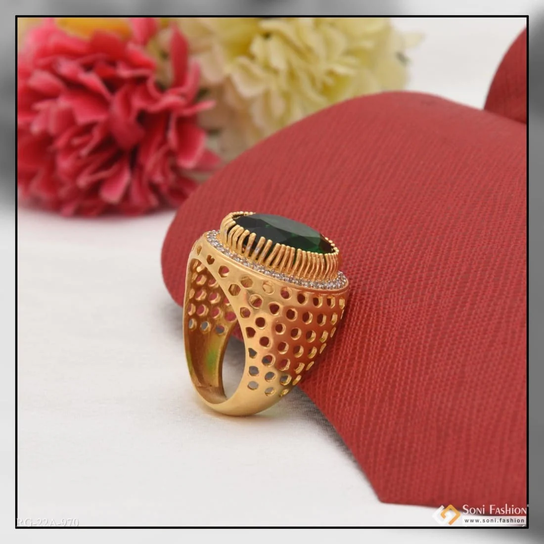 1 Gram Gold Forming Green Stone with Diamond Glamorous Design Ring - Style A970 - Image 5