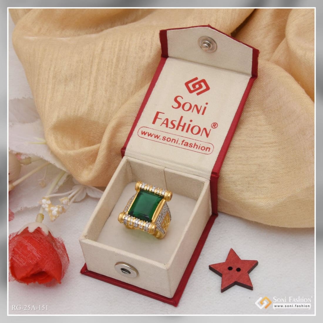 1 Gram Gold Forming Green Stone with Diamond Gold Plated Ring for Men - Style A151 - Image 2