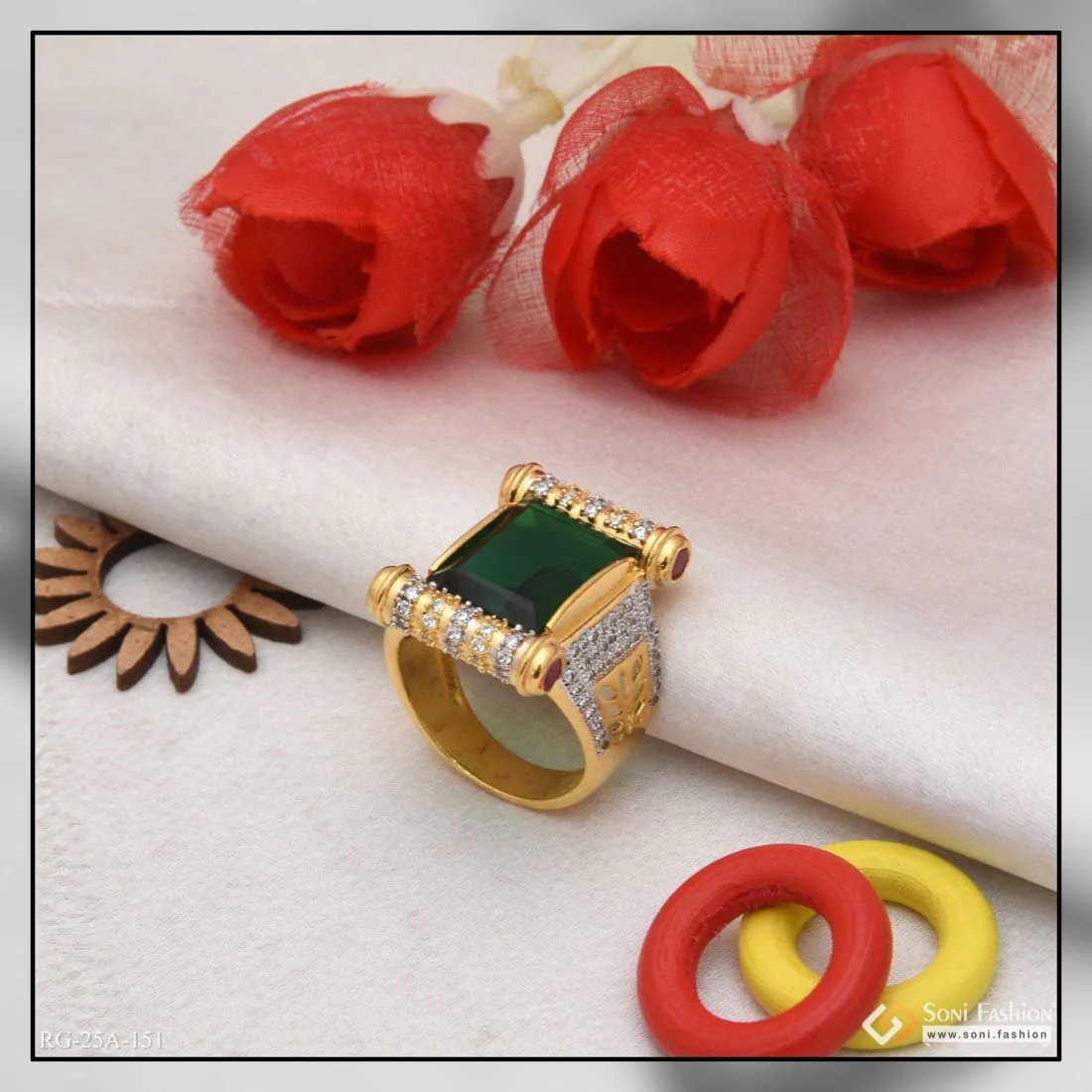 1 Gram Gold Forming Green Stone with Diamond Gold Plated Ring for Men - Style A151 - Image 3