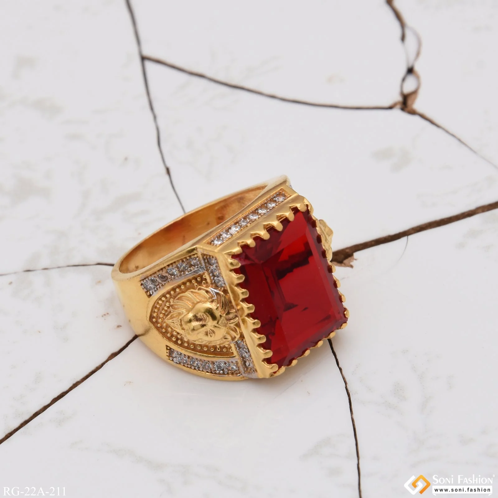 1 Gram Gold Forming Red Stone with Diamond Finely Detailed Design Ring - Style A211 - Image 2