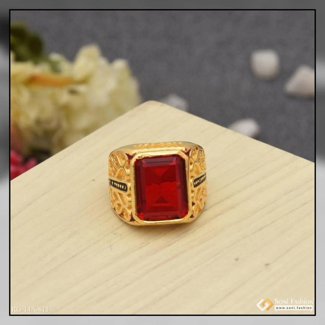 1 Gram Gold Forming Red Stone With Diamond Glamorous Design Ring - Style A813 - Image 3