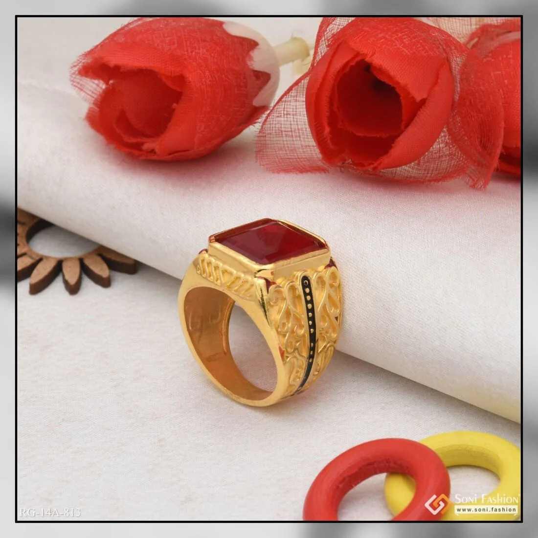 1 Gram Gold Forming Red Stone With Diamond Glamorous Design Ring - Style A813 - Image 4