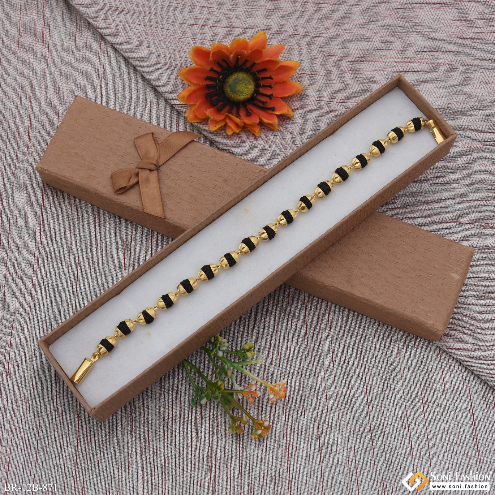 1 Gram Gold Forming - Rudraksh Gorgeous Design Gold Plated Bracelet For Men - Style B871 - Image 5