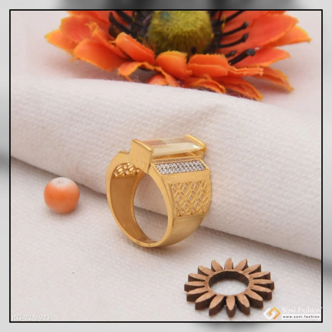 1 Gram Gold Forming Yellow Stone With Diamond Artisanal Design Ring - Style A923 - Image 4