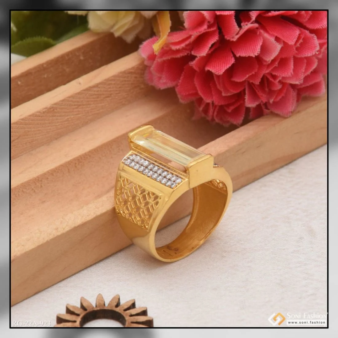 1 Gram Gold Forming Yellow Stone With Diamond Artisanal Design Ring - Style A923 - Image 5
