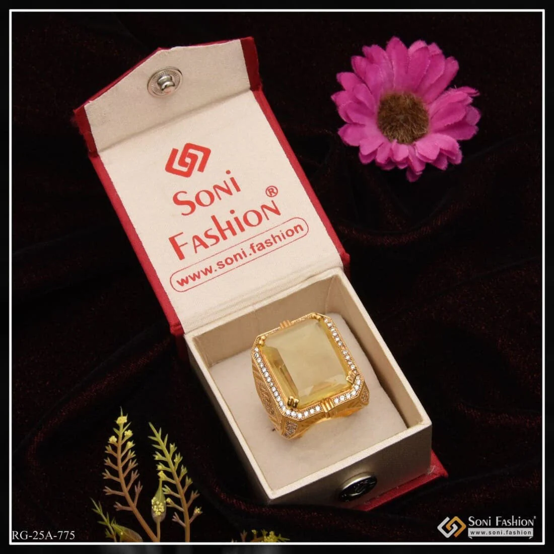 1 Gram Gold Forming Yellow Stone With Diamond Gorgeous Design Ring For Men - Style A775 - Image 2