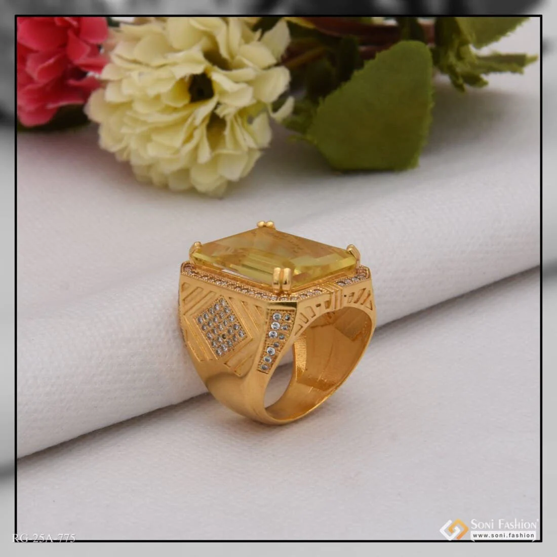 1 Gram Gold Forming Yellow Stone With Diamond Gorgeous Design Ring For Men - Style A775 - Image 3