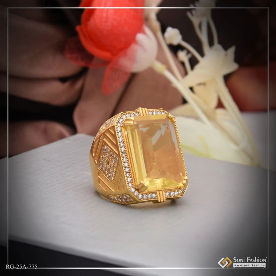 1 Gram Gold Forming Yellow Stone With Diamond Gorgeous Design Ring For Men - Style A775 - Image 4