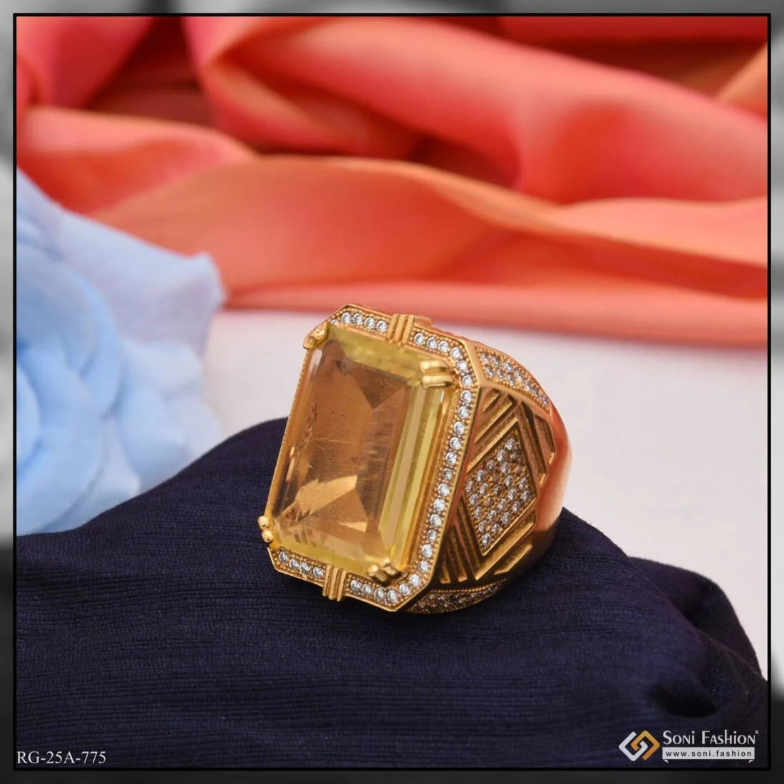1 Gram Gold Forming Yellow Stone With Diamond Gorgeous Design Ring For Men - Style A775 - Image 5