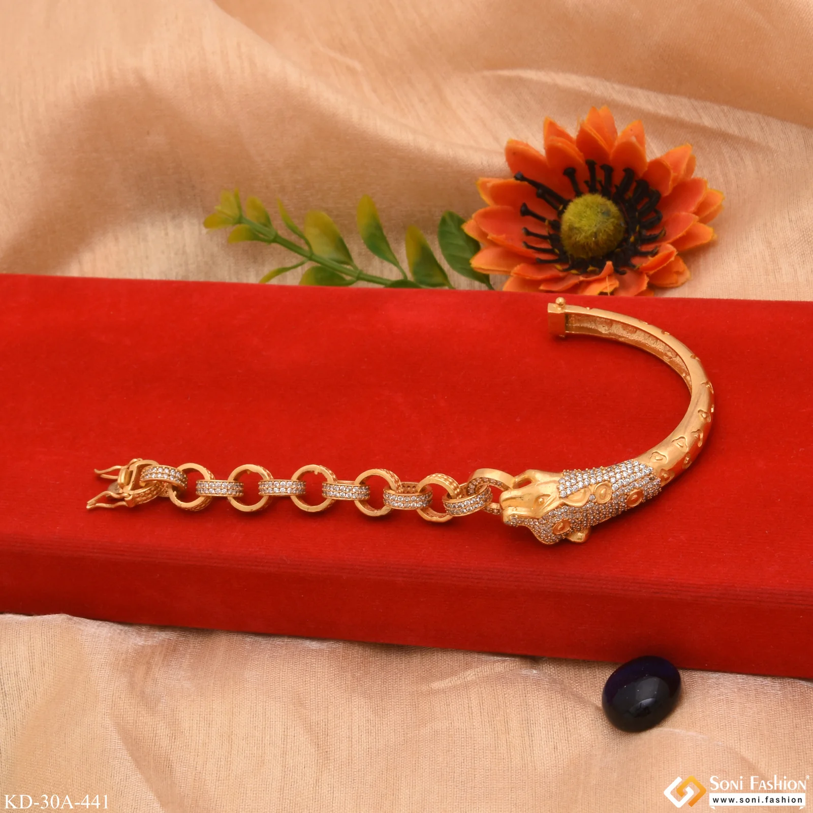 1 Gram Gold - Jaguar with Diamond Artisanal Design Gold Plated Bracelet Kada - Style A441 - Image 3