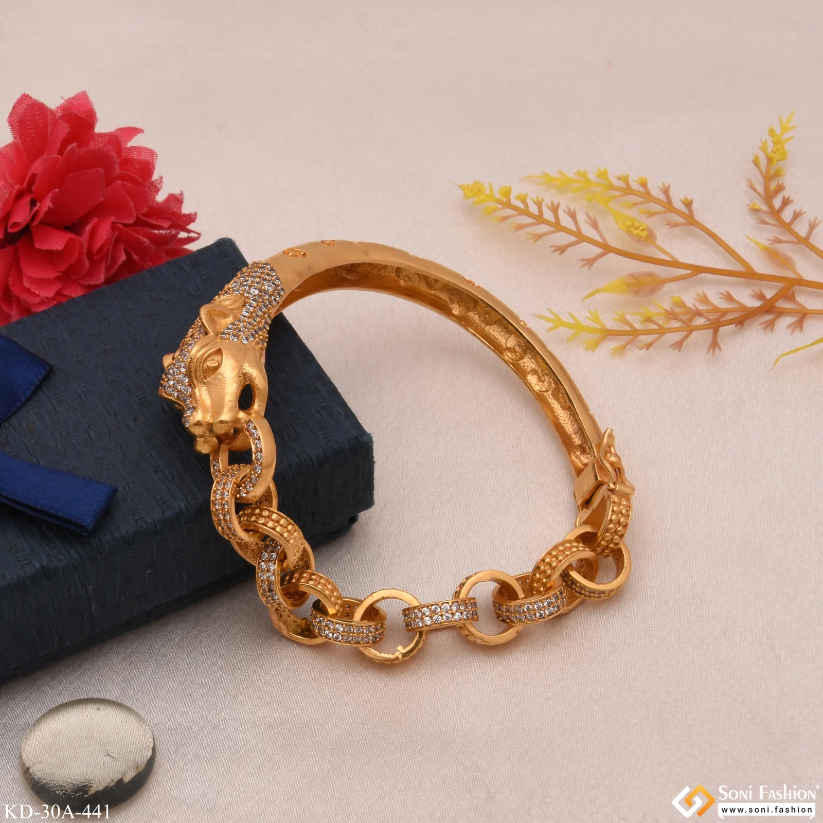 1 Gram Gold - Jaguar with Diamond Artisanal Design Gold Plated Bracelet Kada - Style A441 - Image 6