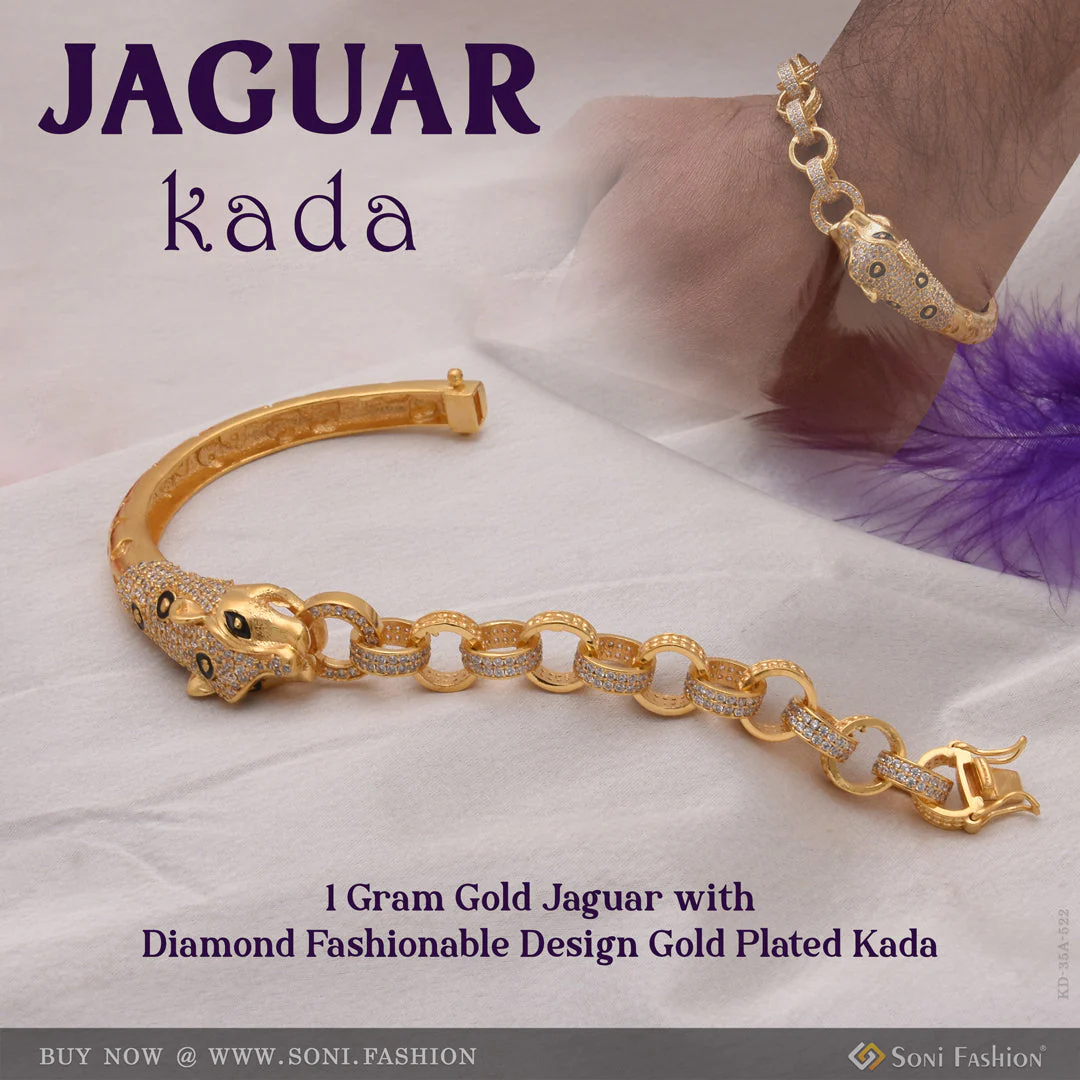 1 Gram Gold - Jaguar With Diamond Fashionable Design Gold Plated Kada - Style A522