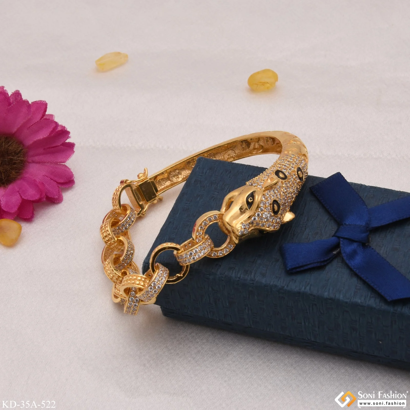 1 Gram Gold - Jaguar With Diamond Fashionable Design Gold Plated Kada - Style A522 - Image 3