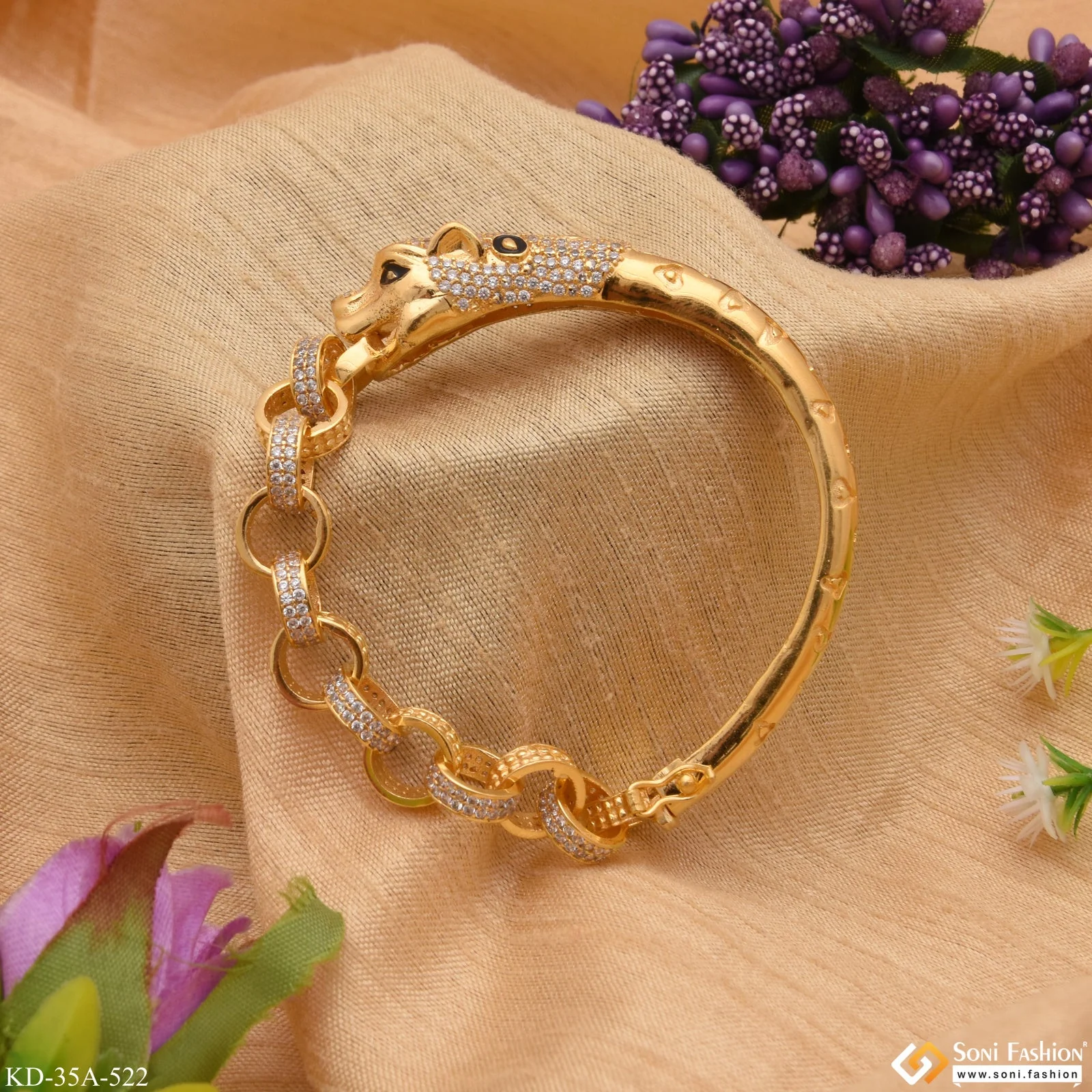 1 Gram Gold - Jaguar With Diamond Fashionable Design Gold Plated Kada - Style A522 - Image 4