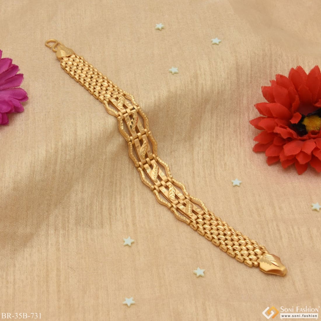 1 Gram Gold - Leaf Finely Detailed Design Gold Plated Bracelet for Men - Style B731 - Image 4