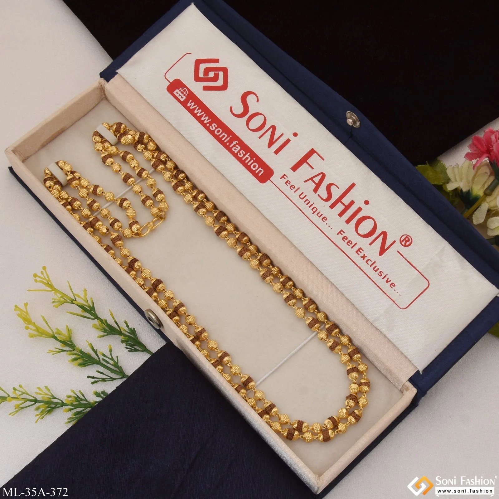 1 Gram Gold Plated 2 Line Awesome Design Rudraksha Mala for Men - Style A372 - Image 3