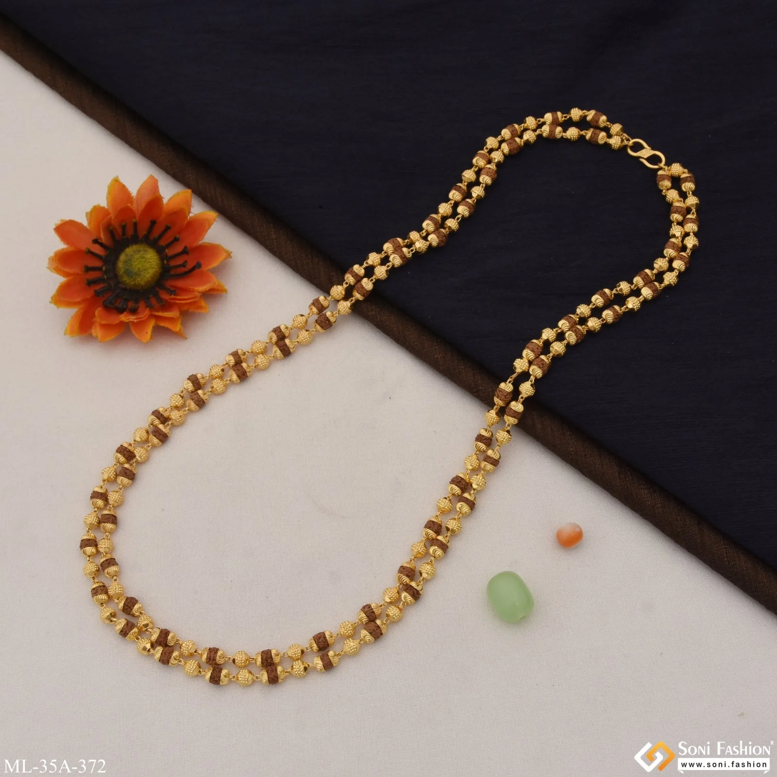 1 Gram Gold Plated 2 Line Awesome Design Rudraksha Mala for Men - Style A372 - Image 4