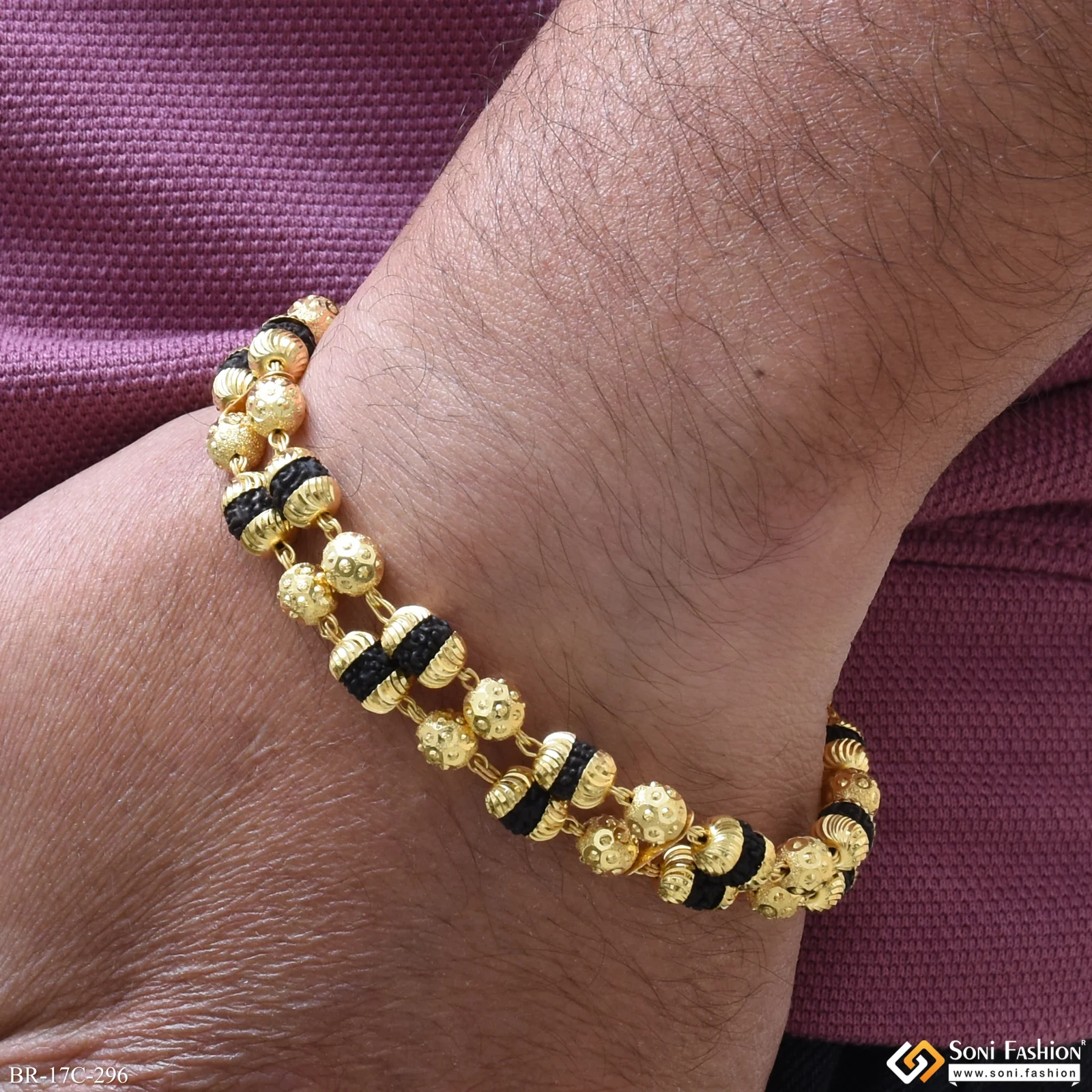 1 Gram Gold Plated 2 Line Delicate Design Rudraksha Bracelet for Men - Style C296